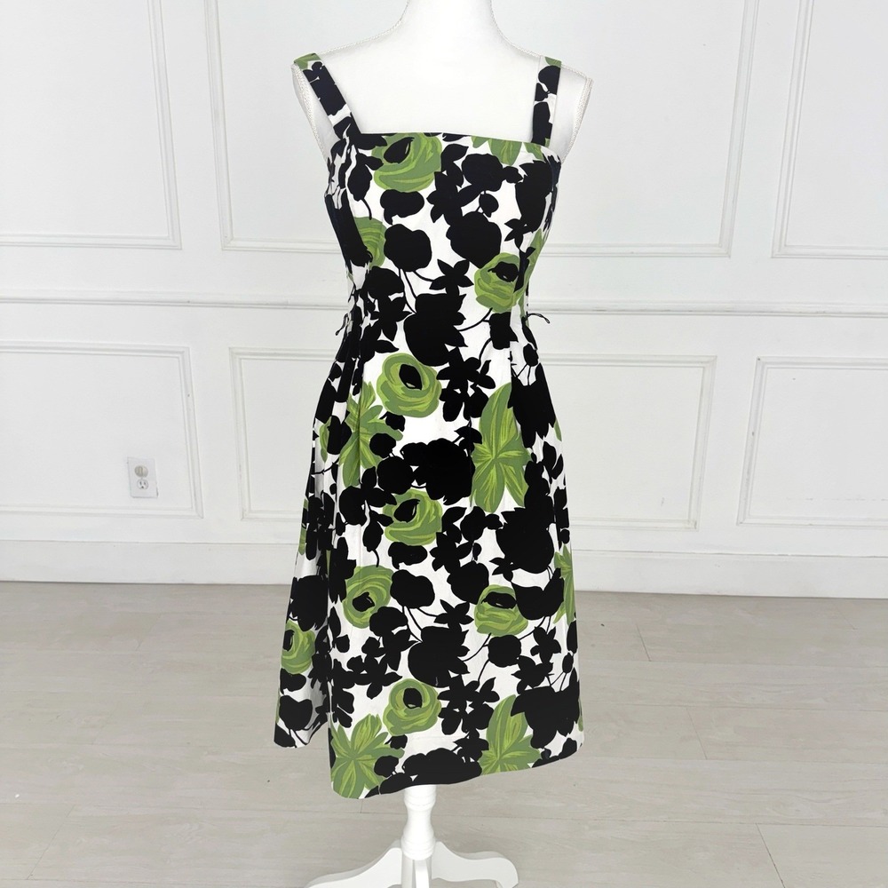 Dressbarn Womens Floral Fit & Flare Midi Dress Green Black White Cotton Size 8